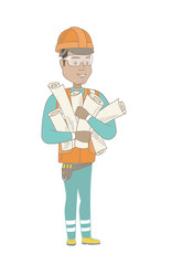 Young hispanic engineer in hard hat holding many twisted blueprints in hands. Vector sketch cartoon illustration isolated on white background.