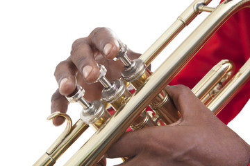 Close-up of hands on trumpet