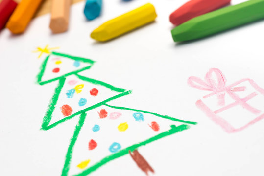 child drawing,  christmas tree , selective focus