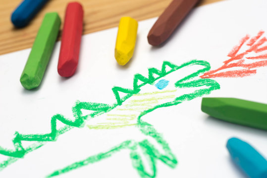 child drawing, dragon , selective focus