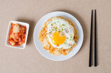Kimchi fried rice with fried egg on top ready for eating,Korean food