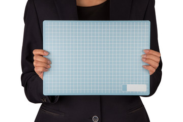 Businesswoman with blue plastic cutting board mat for sketch and planning. Woman holding cutting board mat or clipboard isolated on white background.
