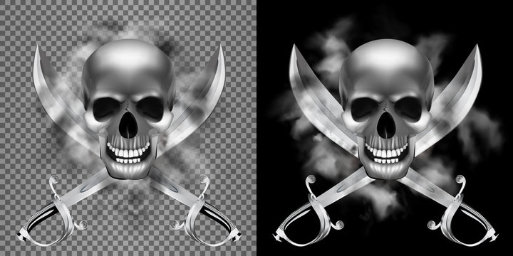 human skull in the smoke with a pirate saber