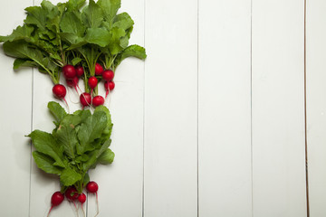 Bunch of fresh organic red radishes with tops and green leaves on white wooden background....