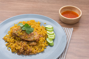 Chicken Biryani with rice and sauce. halal food (Khao Mok Gai)