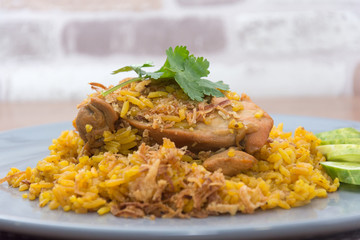 Chicken Biryani with rice and sauce. halal food (Khao Mok Gai)
