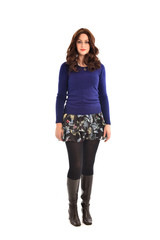 full length portrait of brunette woman wearing modern casual clothes. standing pose, isolated on white background