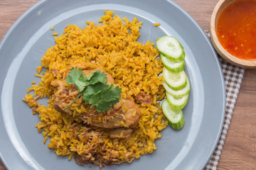 Chicken Biryani with rice and sauce. halal food (Khao Mok Gai)