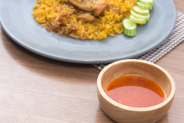 Chicken Biryani with rice and sauce. halal food (Khao Mok Gai)