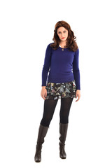 full length portrait of brunette woman wearing modern casual clothes. standing pose, isolated on...