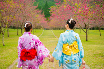 asian chinese women travel to Japan wearing kimono