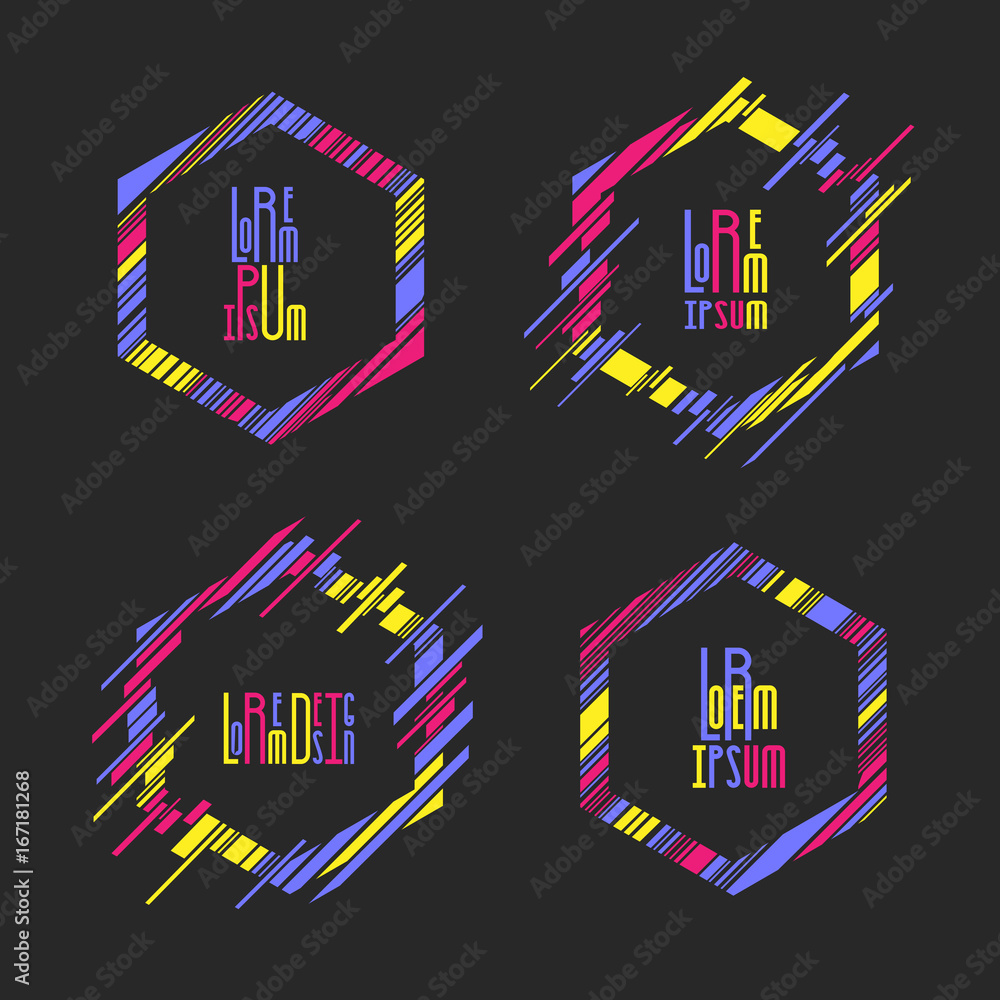 Poster set of vector frame hexagon shapes with modern dynamic lines, hipster style design
