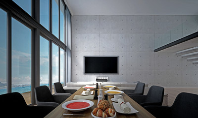 The 3D rendering interior design of Modern living room and dining room and sea view