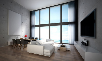 The 3D rendering interior design of lounge and living room and dining room and sea view
