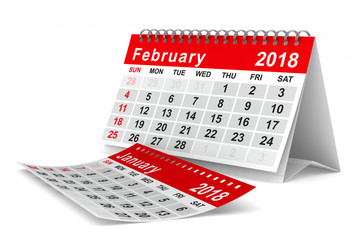 2018 year calendar. February. Isolated 3D illustration