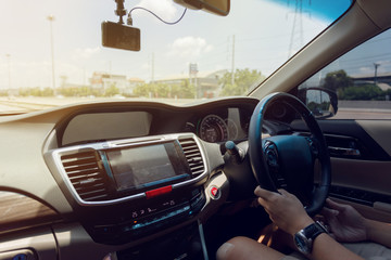 people drive car travel road trip, hand man holding control steering wheel