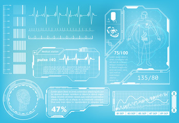 Hud element ui medical examination. Display a set of virtual interface elements. Health technology vector background. Research of human health.