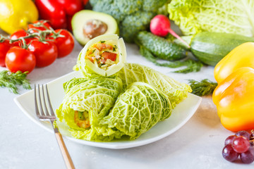 Savoy cabbage wraps with vegetables and shrimp