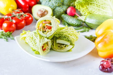 Savoy cabbage wraps with vegetables and shrimp