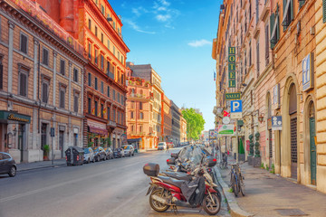ROME, ITALY- MAY 08, 2017:  Beautiful landscape  urban and historical view of the Rome, street, people, tourists on it, urban life of the big and ancient city.