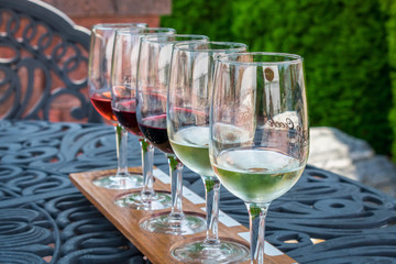 Wine tasting from sample glasses on a summer day