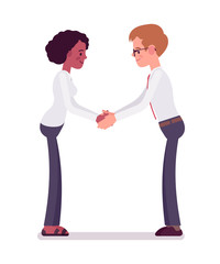 Fototapeta premium Male and female clerks handshaking with both hands