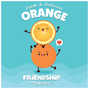 Vintage Fruit Poster Design With Vector Orange Character.