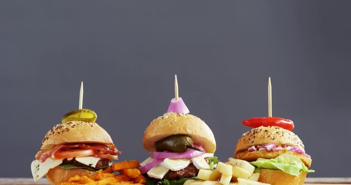 Hamburgers arranged in a row