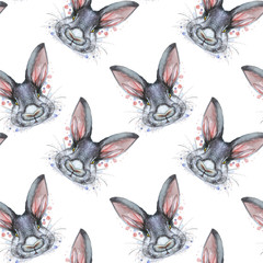 Painted drawing with watercolor seamless pattern portrait of an animal mammal rabbit hare in bed colors on a white background with splashes and divorces for a pattern, design and decor, print