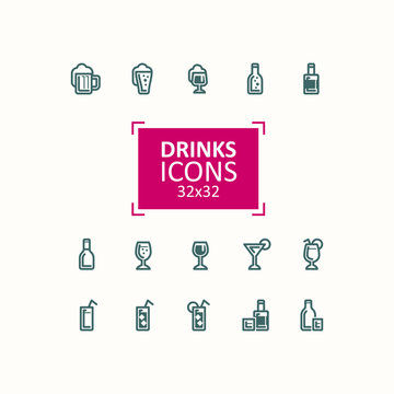 Set of vector illustrations of icons of drinks. Simple signs of alcoholic and refreshing drinks in bottles and glasses, isolated on white