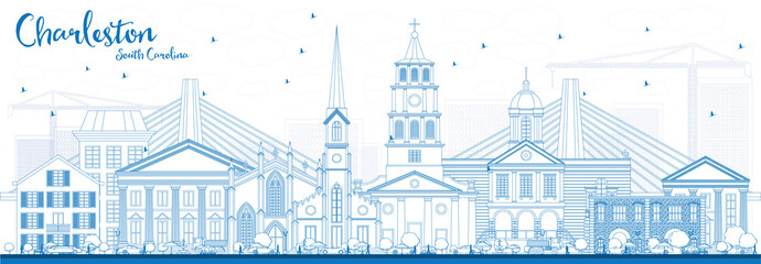 Naklejka premium Nakreśl panoramę Charleston w Południowej Karolinie z niebieskimi budynkami.