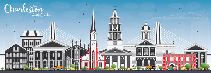 Naklejka premium Charleston South Carolina Skyline z szarymi budynkami i błękitnym niebem.