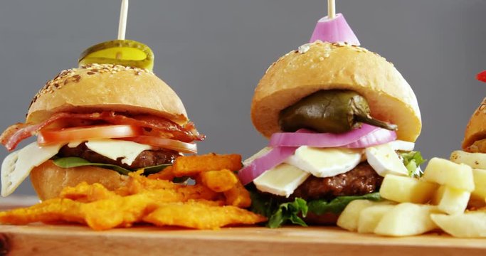 Hamburgers arranged in a row