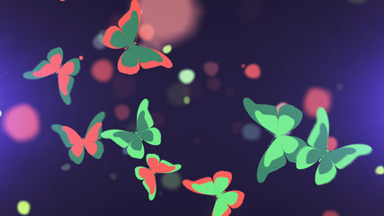 Blue and rosy butterflies flying