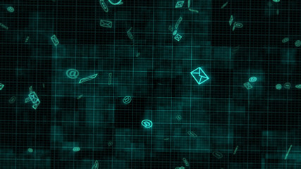 Flying electronic emails in the blue background