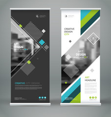 Abstract blurb font. Patch brochure cover design. Roll up info banner frame, ad flyer text, title sheet model set. Hi tech vector front page. Brand flag with city art. Blue, green triangle figure icon