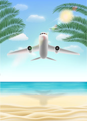 Fototapeta na wymiar air plane flying travel to sea sand beach