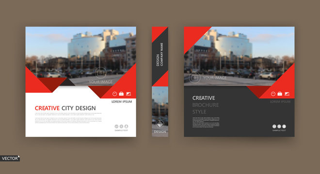 Design for business brochure cover, info banner frame, title sheet model set, techno flyer mockup or ad text font. Modern vector front page art with urban city street texture. Red triangle figure icon