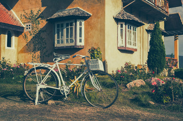 Vintage bicycle on the grass of vintage house.