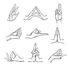 Vector hand drawn set of 9 mudras. Isolated on white. Yoga. Spirituality - obrazy, fototapety, plakaty