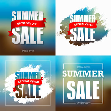 Summer sale badge, label, promo banner template. Special offer text on ribbon. Vector illustration