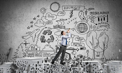 Happy businessman playing fife.