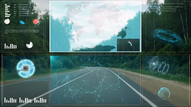 HUD. Intelligent concept of wireless communication network and crew cabin.