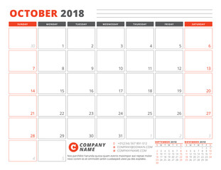Calendar Planner Template for October 2018. Business Planner Template. Stationery Design. Week starts on Sunday. 3 Months on the Page. Vector Illustration