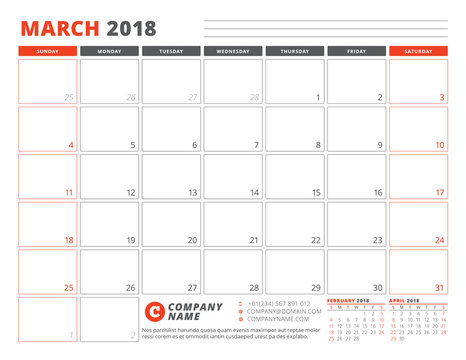 Calendar Planner Template for March 2018. Business Planner Template. Stationery Design. Week starts on Sunday. 3 Months on the Page. Vector Illustration