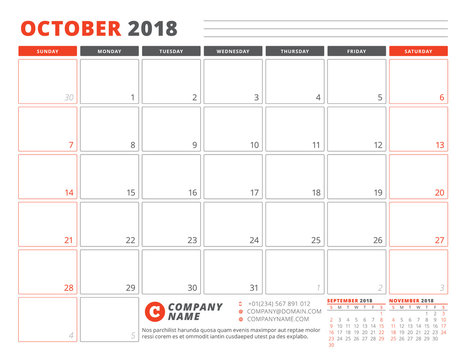 Calendar Planner Template for October 2018. Business Planner Template. Stationery Design. Week starts on Sunday. 3 Months on the Page. Vector Illustration