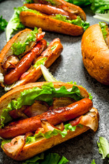 Fast food menu. Hot dogs beef barbecue with bacon and herbs.