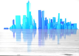 Blue city skyline with shiny wooden foreground