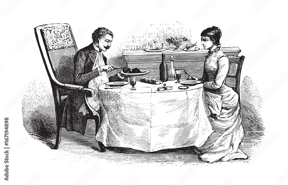 Wall mural woman and man on dining table - vintage illustration