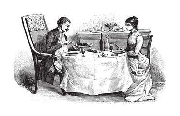Woman and Man on dining table - vintage illustration © Hein Nouwens